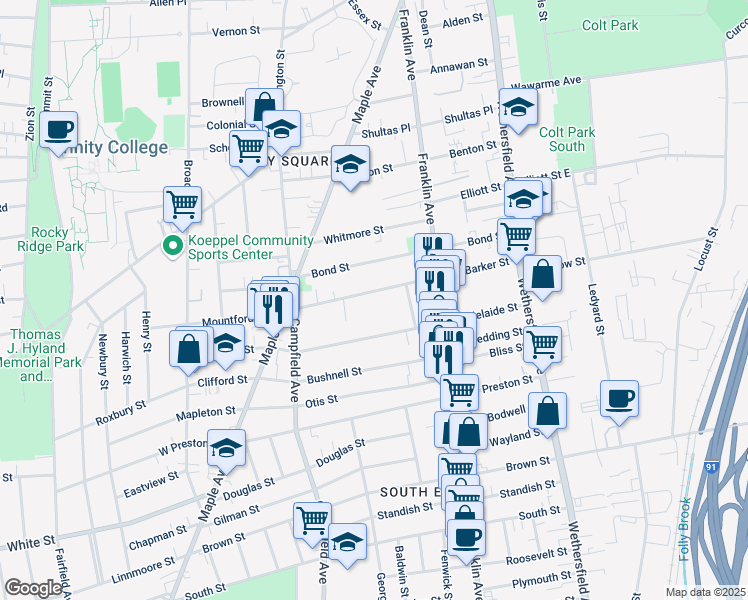 map of restaurants, bars, coffee shops, grocery stores, and more near 148 Adelaide Street in Hartford