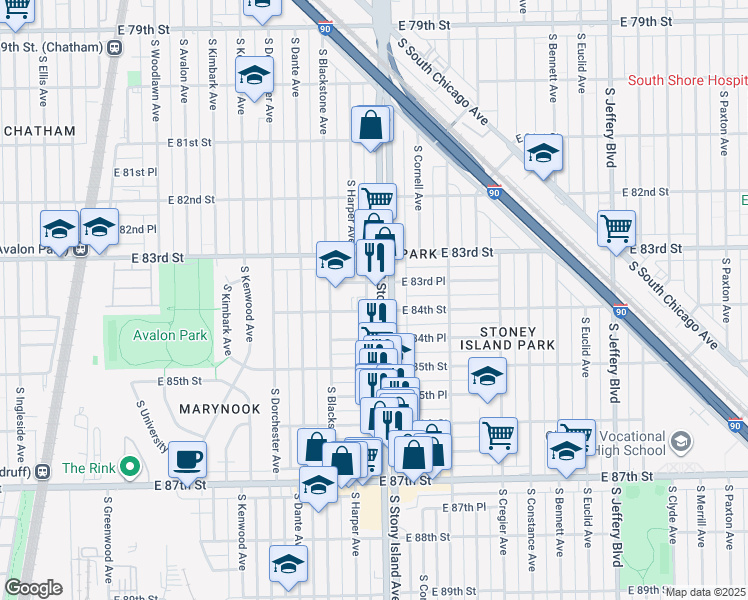 map of restaurants, bars, coffee shops, grocery stores, and more near 8348 South Stony Island Avenue in Chicago