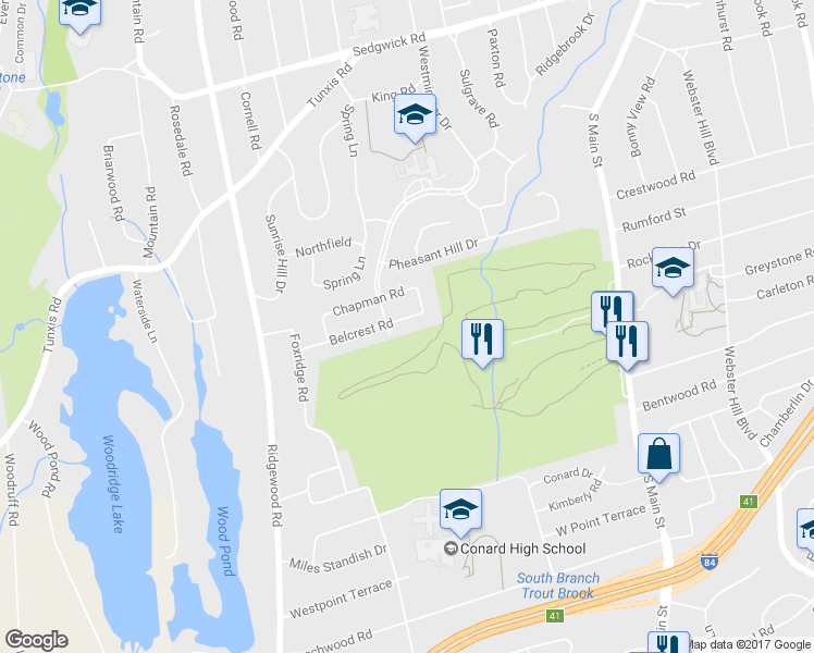 map of restaurants, bars, coffee shops, grocery stores, and more near 49 Belcrest Road in West Hartford
