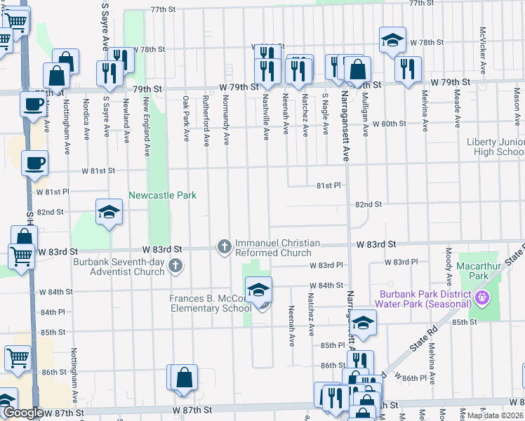 map of restaurants, bars, coffee shops, grocery stores, and more near 6546 82nd Place in Burbank