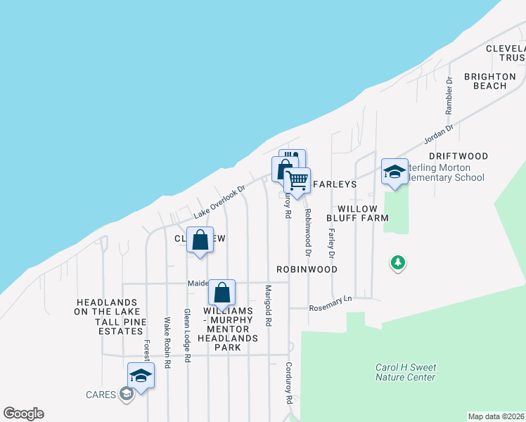 map of restaurants, bars, coffee shops, grocery stores, and more near 4680 Marigold Road in Mentor