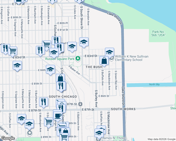 map of restaurants, bars, coffee shops, grocery stores, and more near 8400 South Brandon Avenue in Chicago