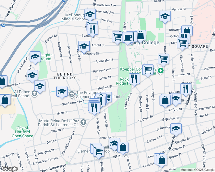 map of restaurants, bars, coffee shops, grocery stores, and more near 37 Curtiss Street in Hartford