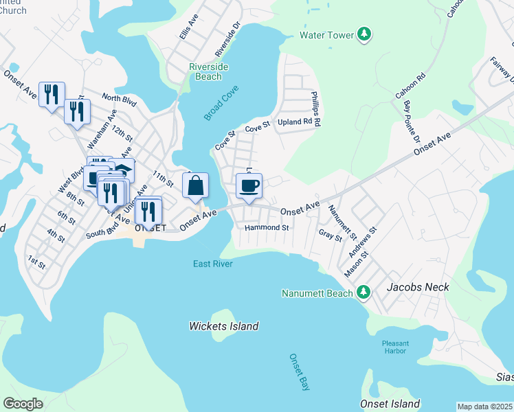 map of restaurants, bars, coffee shops, grocery stores, and more near 19 Grove Street in Wareham