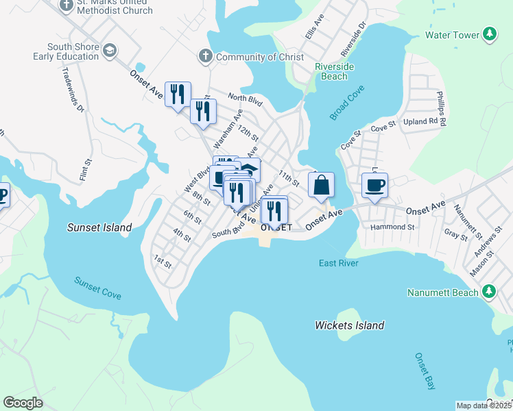 map of restaurants, bars, coffee shops, grocery stores, and more near in Wareham