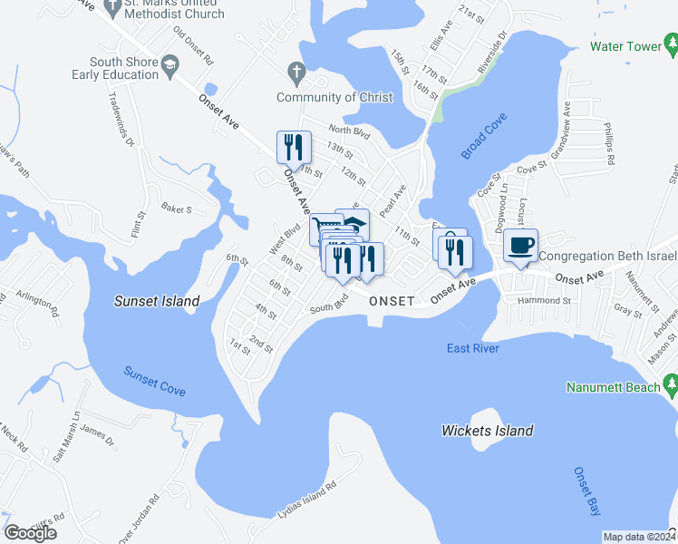 map of restaurants, bars, coffee shops, grocery stores, and more near 5 East Central Avenue in Wareham