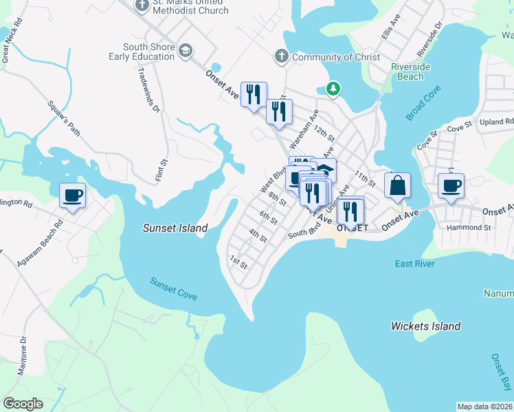 map of restaurants, bars, coffee shops, grocery stores, and more near 15 W Street in Wareham
