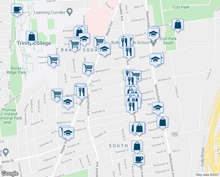 map of restaurants, bars, coffee shops, grocery stores, and more near 141 Bond Street in Hartford