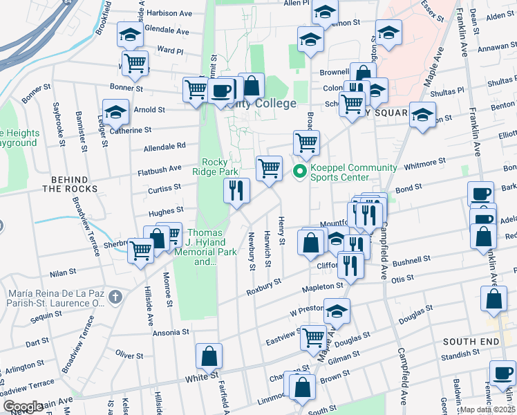 map of restaurants, bars, coffee shops, grocery stores, and more near 225 New Britain Avenue in Hartford