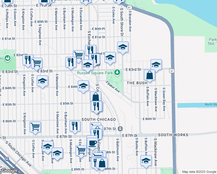 map of restaurants, bars, coffee shops, grocery stores, and more near 8338 South Houston Avenue in Chicago