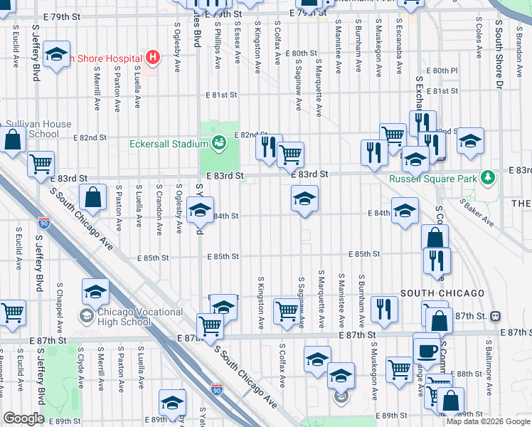 map of restaurants, bars, coffee shops, grocery stores, and more near 8336 South Kingston Avenue in Chicago