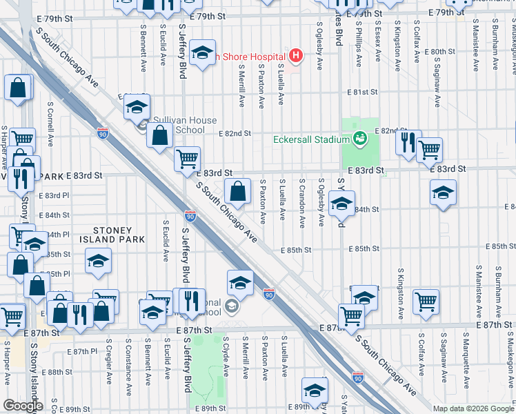 map of restaurants, bars, coffee shops, grocery stores, and more near 8328 South Paxton Avenue in Chicago