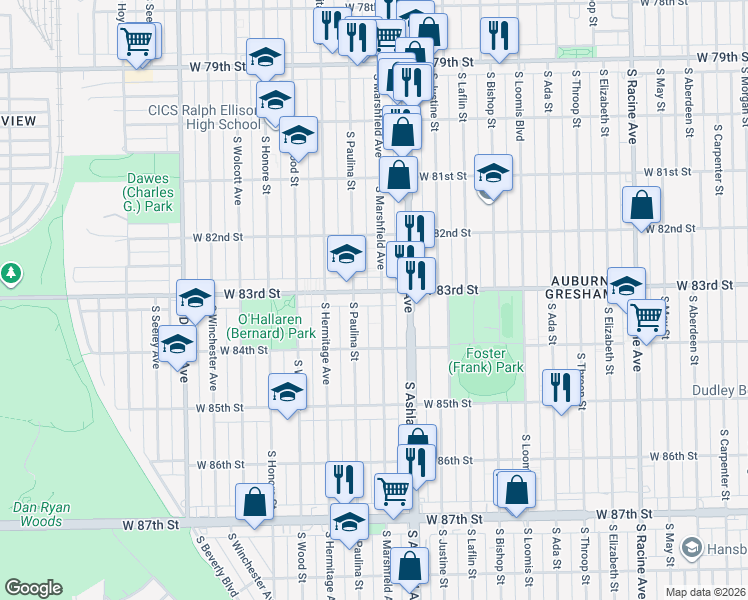 map of restaurants, bars, coffee shops, grocery stores, and more near 8248 South Marshfield Avenue in Chicago