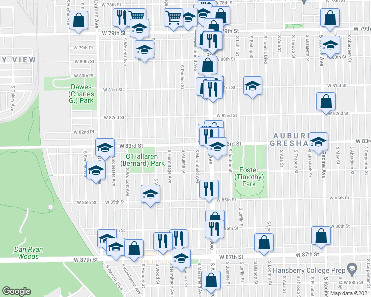 map of restaurants, bars, coffee shops, grocery stores, and more near 8244 South Paulina Street in Chicago