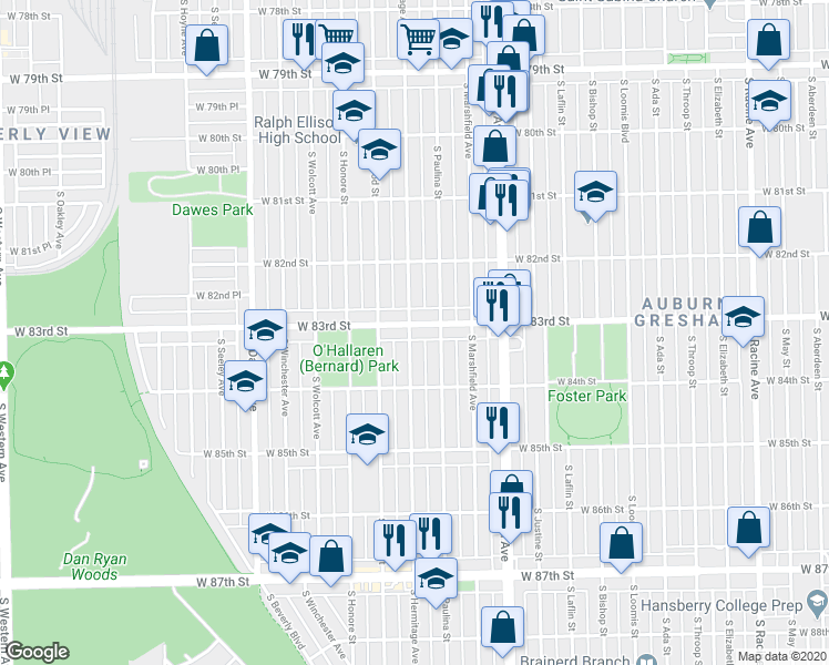 map of restaurants, bars, coffee shops, grocery stores, and more near 8244 South Paulina Street in Chicago