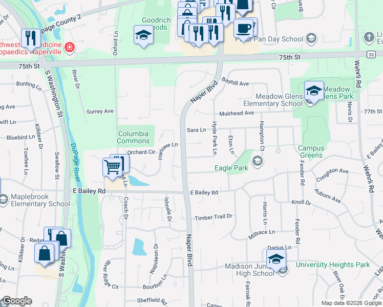 map of restaurants, bars, coffee shops, grocery stores, and more near 607 Harlowe Court in Naperville