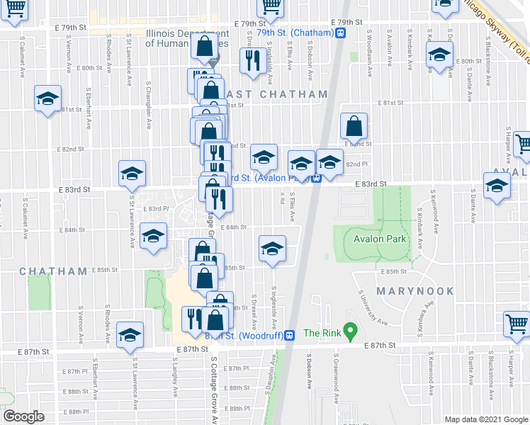 map of restaurants, bars, coffee shops, grocery stores, and more near 8346 South Ingleside Avenue in Chicago