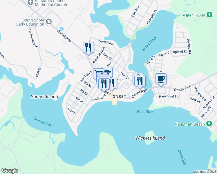 map of restaurants, bars, coffee shops, grocery stores, and more near in Wareham