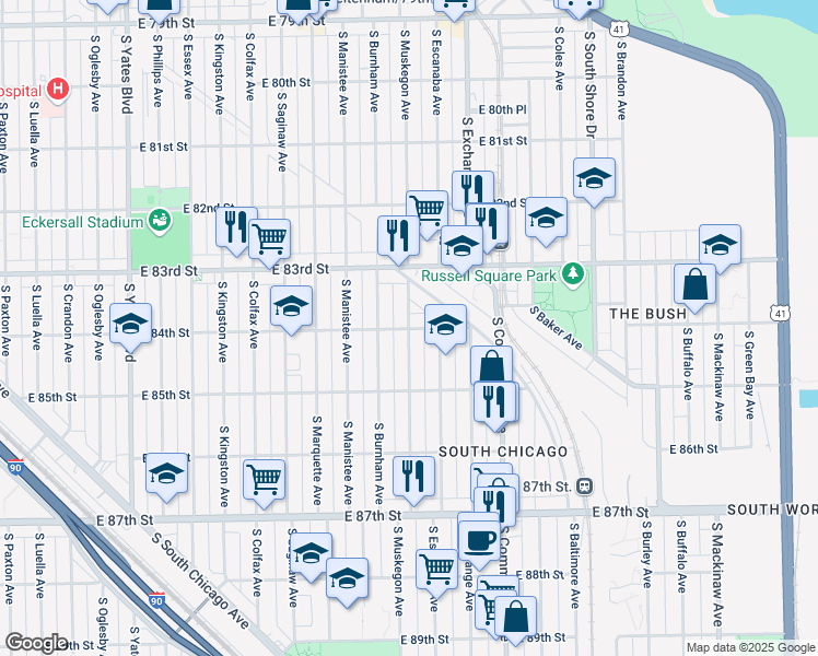 map of restaurants, bars, coffee shops, grocery stores, and more near E 84th St & S Muskegon Ave in Chicago