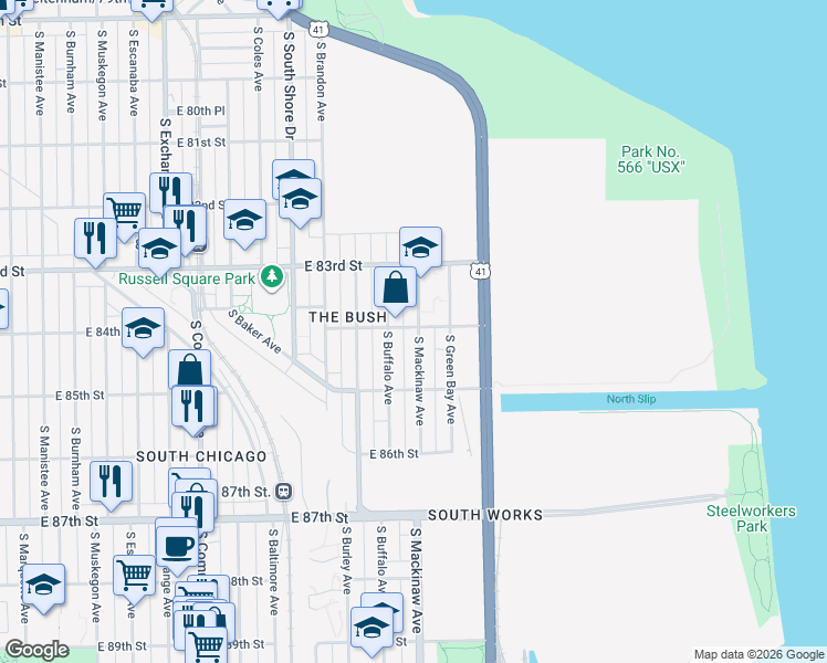 map of restaurants, bars, coffee shops, grocery stores, and more near 8400 South Mackinaw Avenue in Chicago