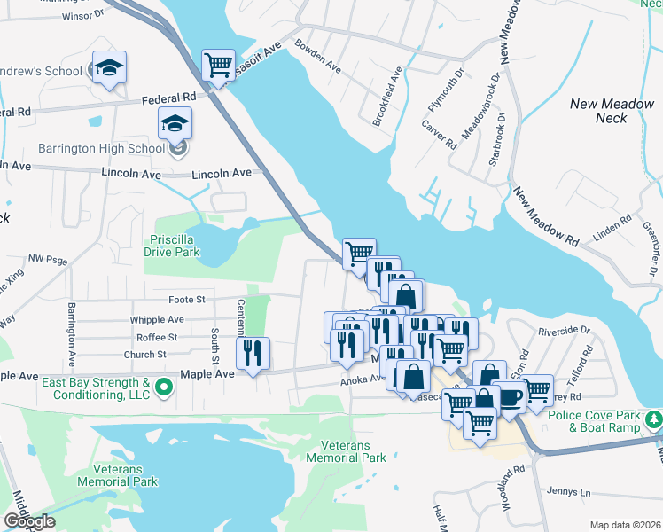 map of restaurants, bars, coffee shops, grocery stores, and more near 8 Abby Road in Barrington