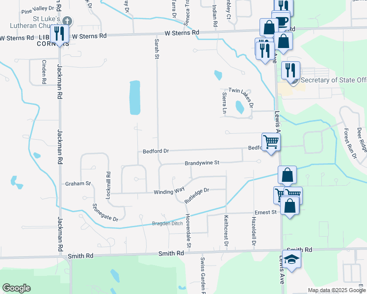 map of restaurants, bars, coffee shops, grocery stores, and more near 1364 Bedford Drive in Temperance