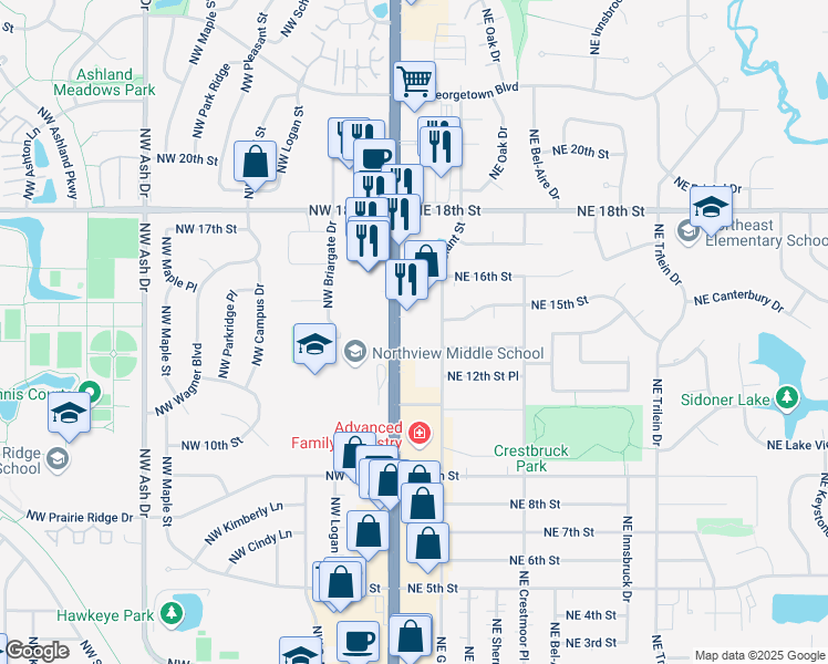 map of restaurants, bars, coffee shops, grocery stores, and more near 1451 N Ankeny Blvd in Ankeny