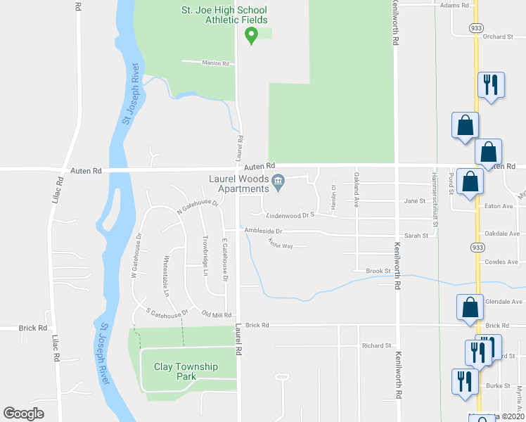 map of restaurants, bars, coffee shops, grocery stores, and more near 5005 Lindenwood Drive South in South Bend