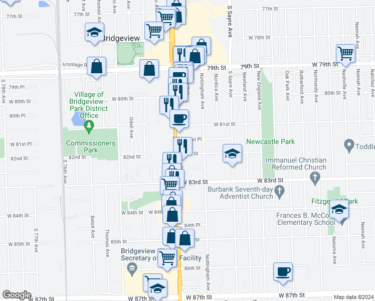 map of restaurants, bars, coffee shops, grocery stores, and more near 7138 82nd Street in Bridgeview