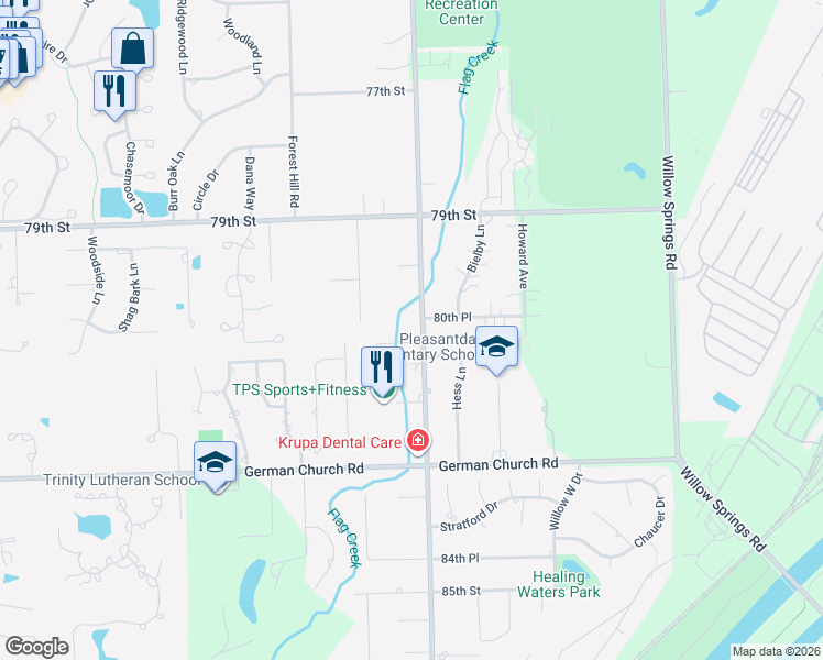 map of restaurants, bars, coffee shops, grocery stores, and more near 8000 Wolf Road in Burr Ridge