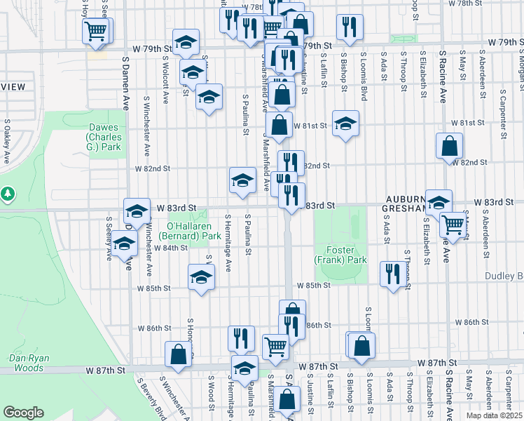map of restaurants, bars, coffee shops, grocery stores, and more near 8248 South Marshfield Avenue in Chicago