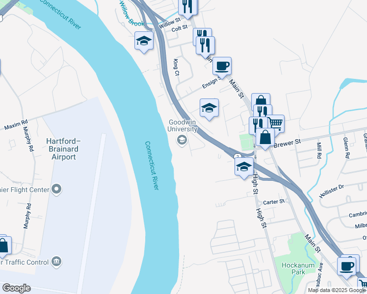 map of restaurants, bars, coffee shops, grocery stores, and more near 1 Riverside Drive in East Hartford