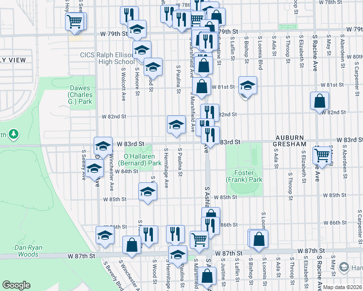 map of restaurants, bars, coffee shops, grocery stores, and more near 8301 South Paulina Street in Chicago