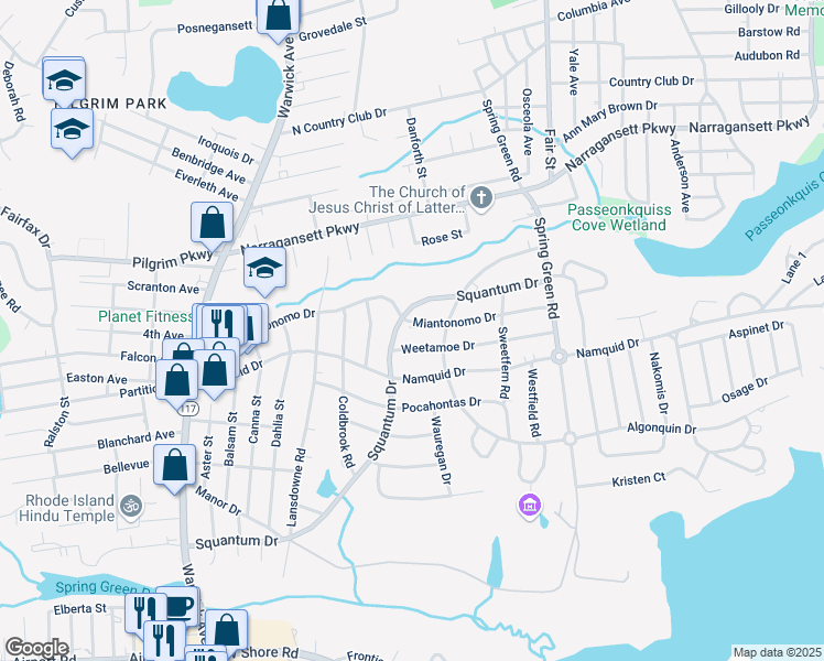 map of restaurants, bars, coffee shops, grocery stores, and more near 170 Miantonomo Drive in Warwick