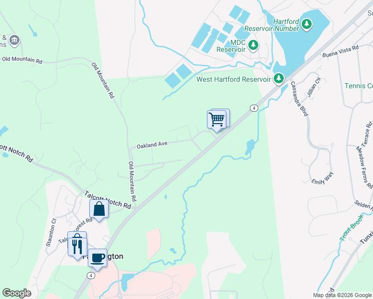map of restaurants, bars, coffee shops, grocery stores, and more near 3 Bungalow Hill Road in Farmington