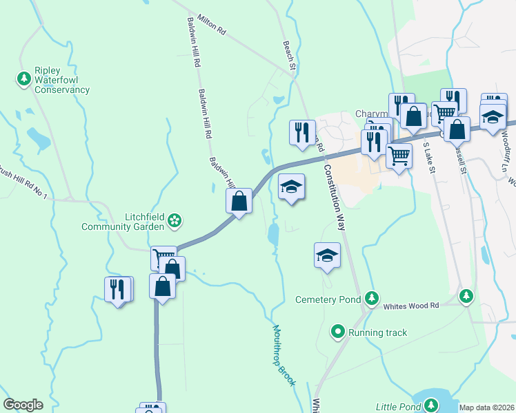 map of restaurants, bars, coffee shops, grocery stores, and more near 17 Tapping Reeve Village in Litchfield