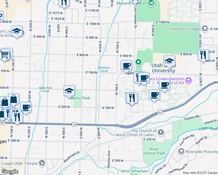 map of restaurants, bars, coffee shops, grocery stores, and more near 30 Hillside Circle in Logan