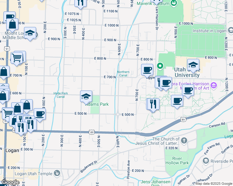 map of restaurants, bars, coffee shops, grocery stores, and more near 646 600 East in Logan
