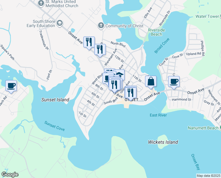 map of restaurants, bars, coffee shops, grocery stores, and more near 5 East Central Avenue in Wareham