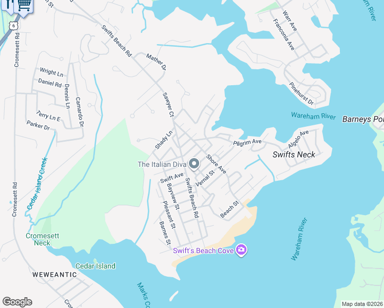 map of restaurants, bars, coffee shops, grocery stores, and more near 27 Shore Avenue in Wareham