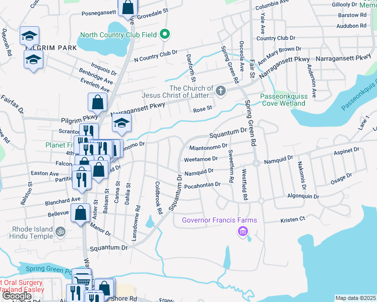 map of restaurants, bars, coffee shops, grocery stores, and more near 170 Miantonomo Drive in Warwick