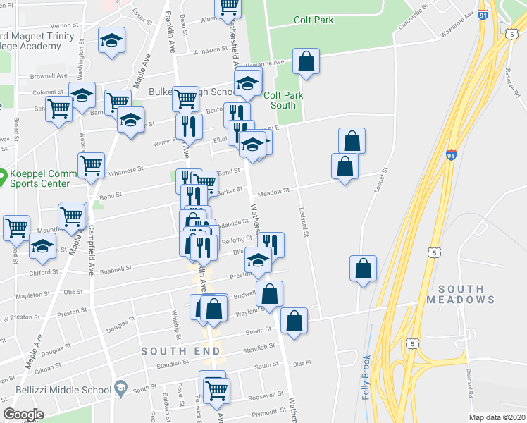 map of restaurants, bars, coffee shops, grocery stores, and more near 5 Meadow Street in Hartford