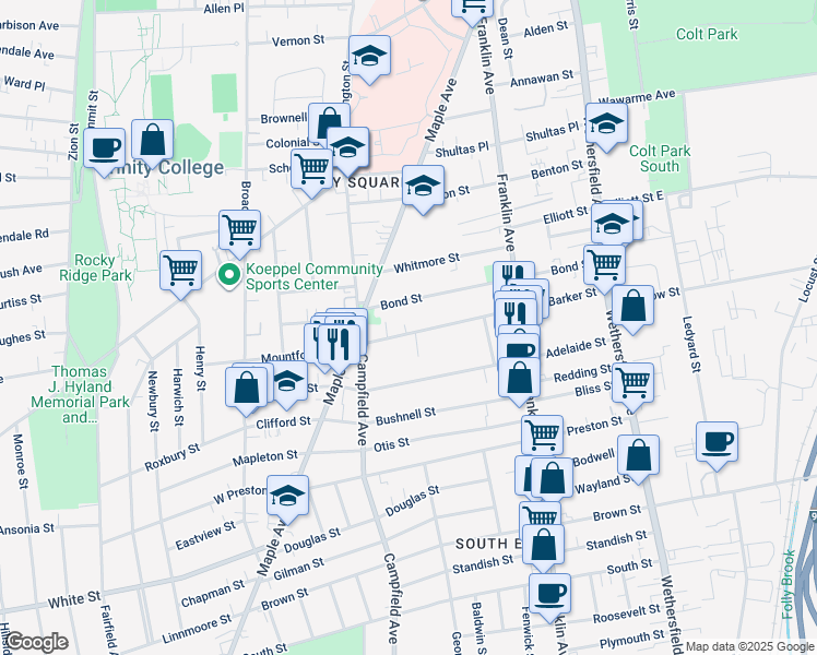 map of restaurants, bars, coffee shops, grocery stores, and more near 171 Bond Street in Hartford