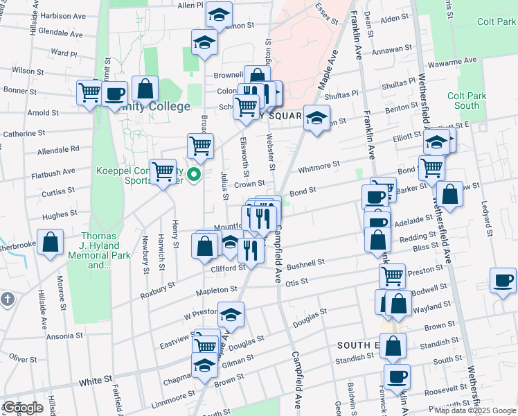 map of restaurants, bars, coffee shops, grocery stores, and more near 22 King Street in Hartford
