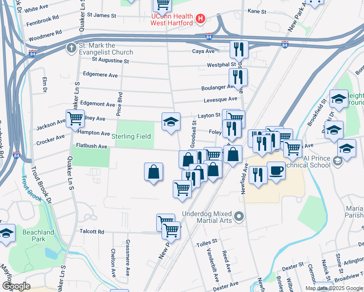 map of restaurants, bars, coffee shops, grocery stores, and more near 25 Goodsell Street in West Hartford