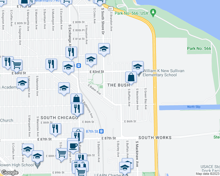 map of restaurants, bars, coffee shops, grocery stores, and more near 8345 South Bond Avenue in Chicago
