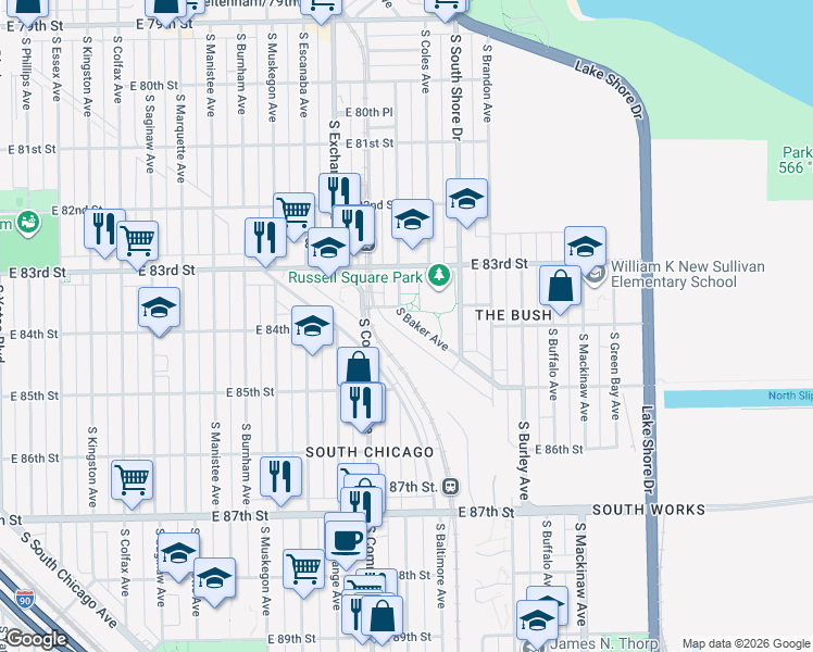 map of restaurants, bars, coffee shops, grocery stores, and more near 8338 South Houston Avenue in Chicago