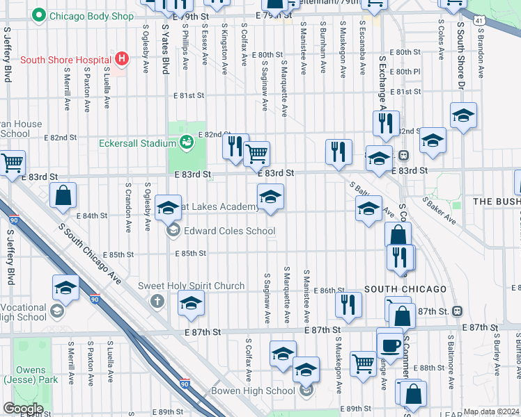 map of restaurants, bars, coffee shops, grocery stores, and more near 8333 South Colfax Avenue in Chicago