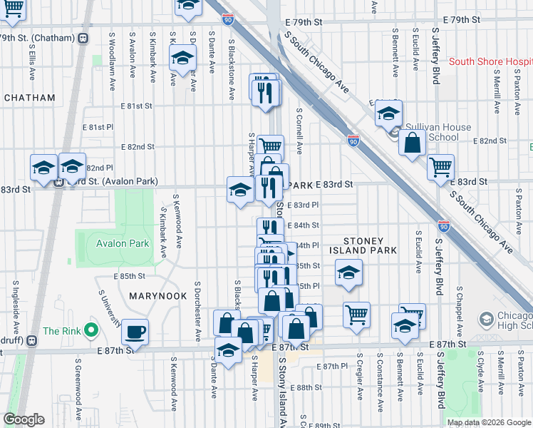 map of restaurants, bars, coffee shops, grocery stores, and more near 1534 East 83rd Place in Chicago
