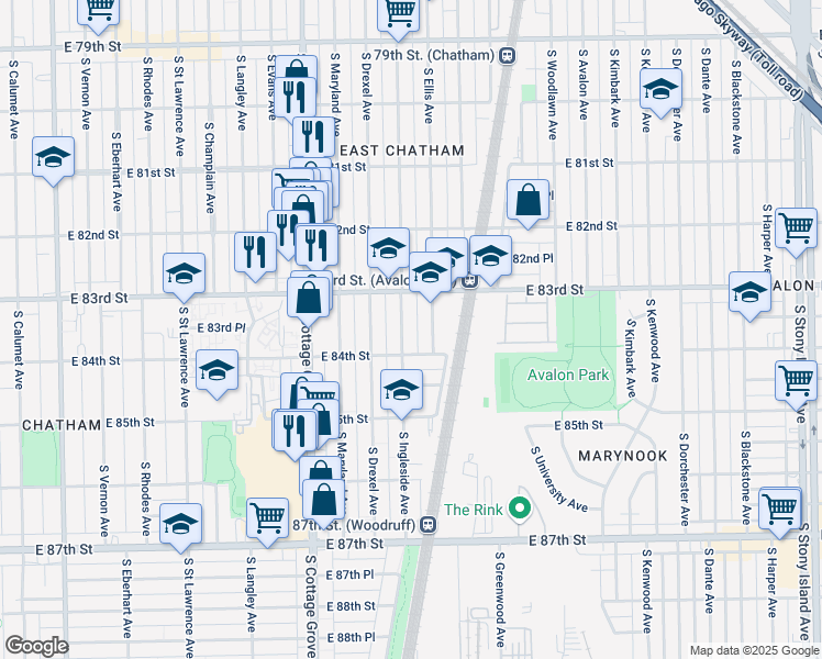 map of restaurants, bars, coffee shops, grocery stores, and more near 8312 South Ingleside Avenue in Chicago
